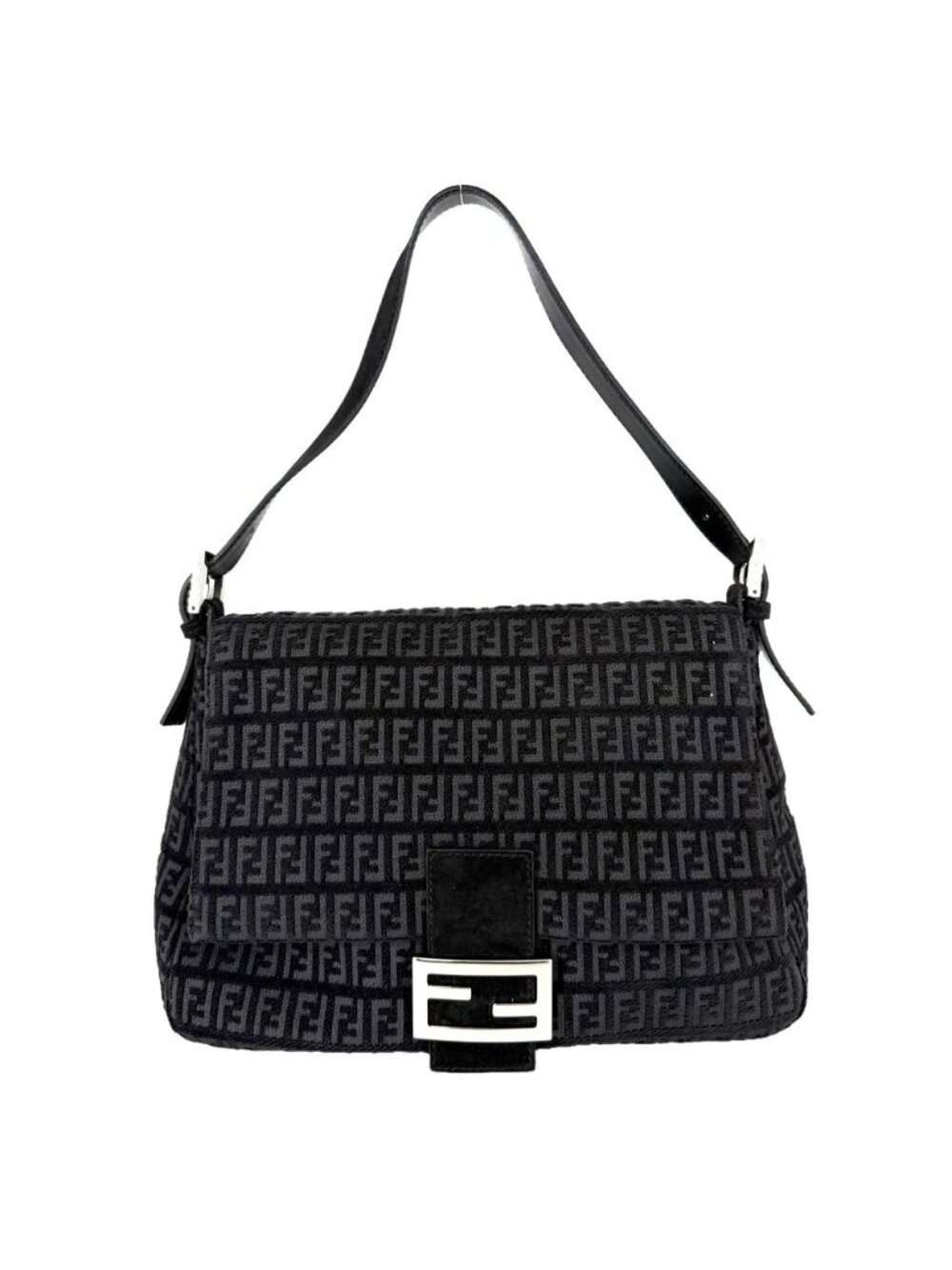 Fendi Zucchino Mamma Bucket Shoulder Bag Leather Velour Black Silver
